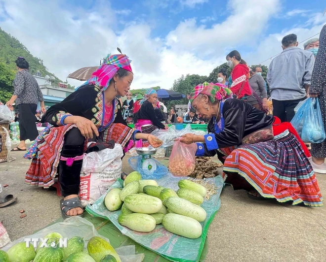 Chợ phiên của bà con dân tộc Mông ở xã Tả Lèng, huyện Tam Đường, tỉnh Lai Châu. (Ảnh: Đinh Thùy/TTXVN)