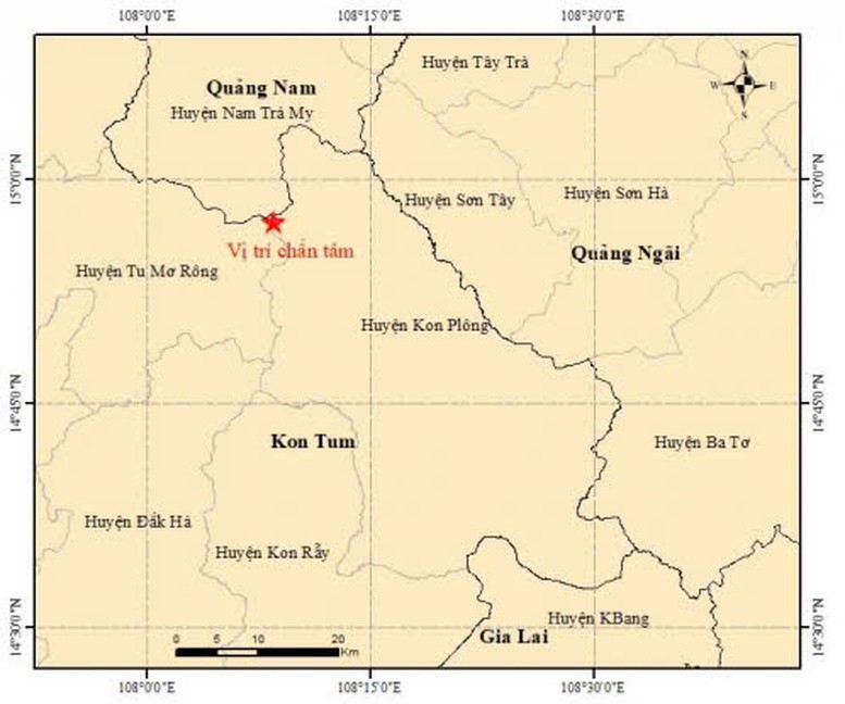 Bản đồ chấn tâm trận động đất có độ lớn 4,0 độ xảy ra vào lúc 16h42' ngày 30/11