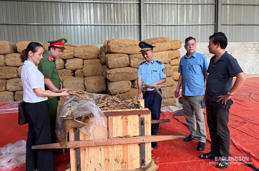 Cán bộ quản lý thị trường tham gia Đội kiểm tra liên ngành huyện Bắc Sơn kiểm tra hoạt động kinh doanh nguyên liệu thuốc lá tại thị trấn Bắc Sơn