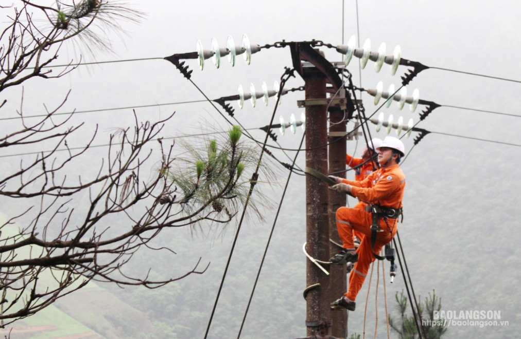 Cán bộ Điện lực Lộc Bình kiểm tra, sửa chữa các khiếm khuyết trên lưới điện