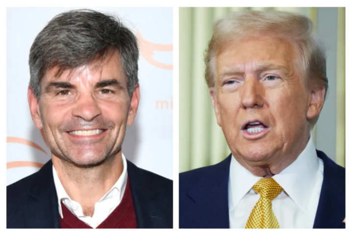 Người dẫn chương trình George Stephanopoulos (trái) xin lỗi ông Donald Trump vì thông tin sai sự thật liên quan tới vụ kiện giữa ông nhà văn E. Jean Carroll. (Ảnh: Getty) 