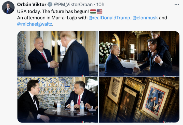 Thủ tướng Hungary Viktor Orban ngày 10/12/2024 đã đăng dòng trạng thái đáng chú ý và một số bức ảnh hoạt động ở Mỹ. (Ảnh chụp màn hình: Viktor Orban/X)