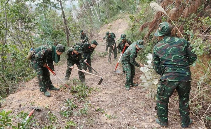 Các lực lượng tạo đường băng cản lửa, ngăn cháy lan. (Ảnh: Cổng thông tin điện tử tỉnh Quảng Ninh)