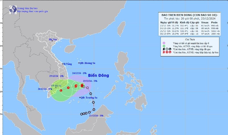 Sơ đồ, vị trí và dự báo hướng di chuyển của bão số 10 ngày 23-12. 