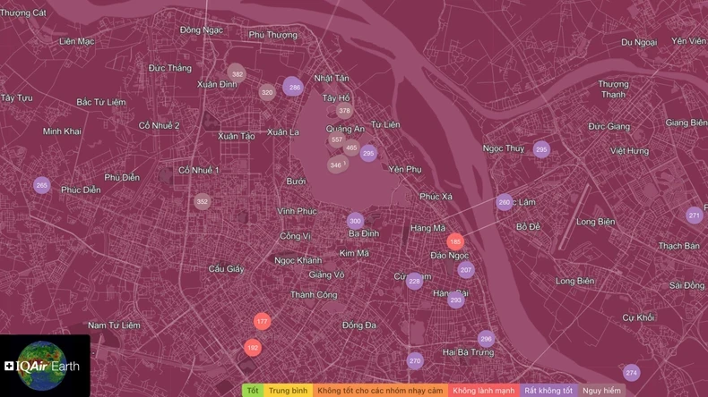 Chỉ số AQI đo được tại Quảng Khánh, Quảng An (Tây Hồ, Hà Nội) lên tới mức 557 - mức nguy hiểm cho sức khỏe con người.