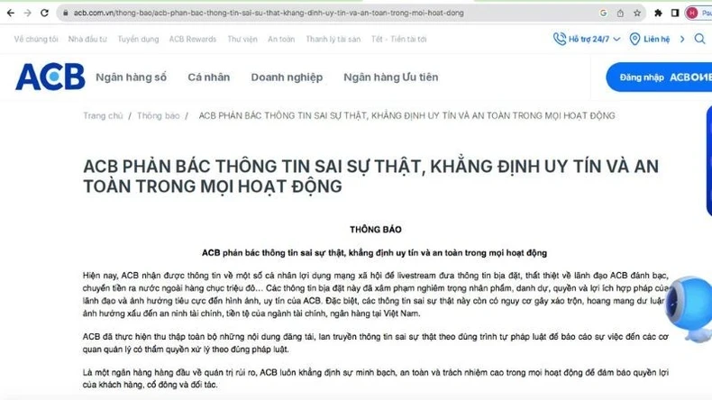 Ảnh chụp thông báo trên trang web của ACB.