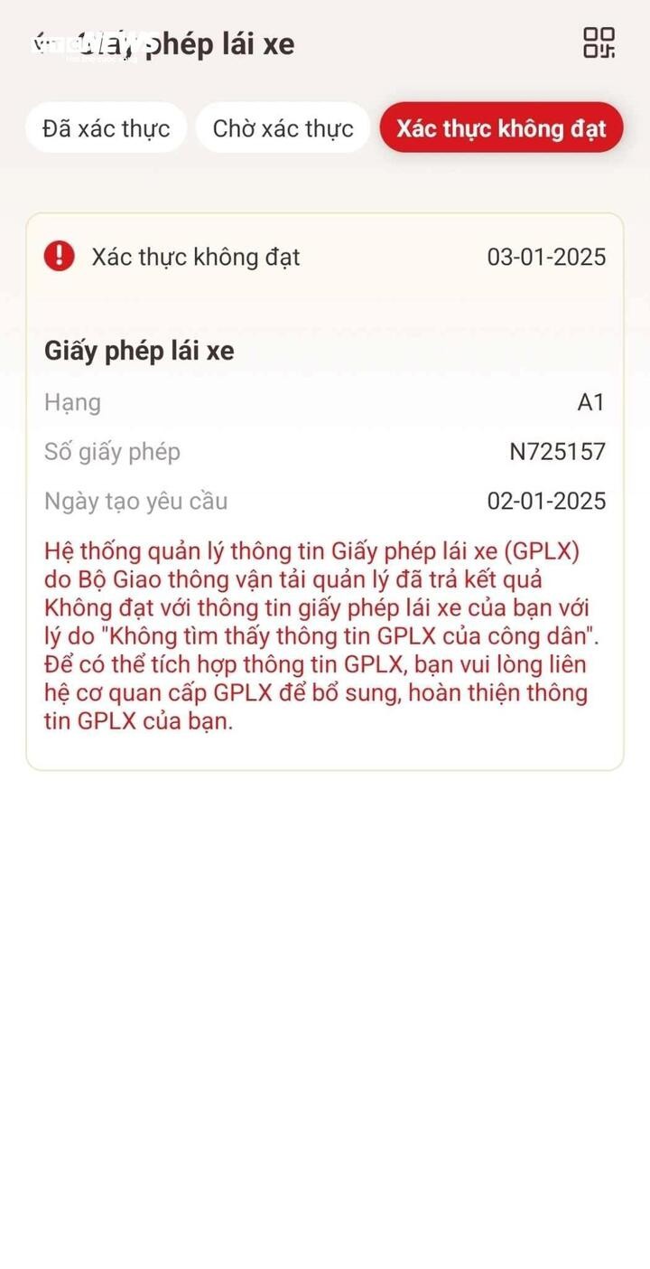 VNeID trả kết quả không đạt.