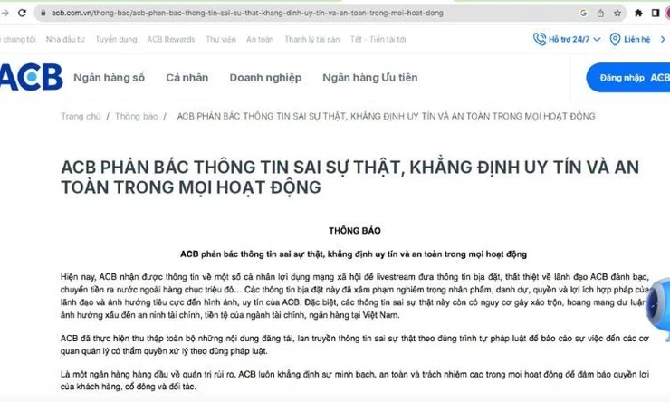 ACB phát thông báo bác bỏ tin bịa đặt trên mạng xã hội