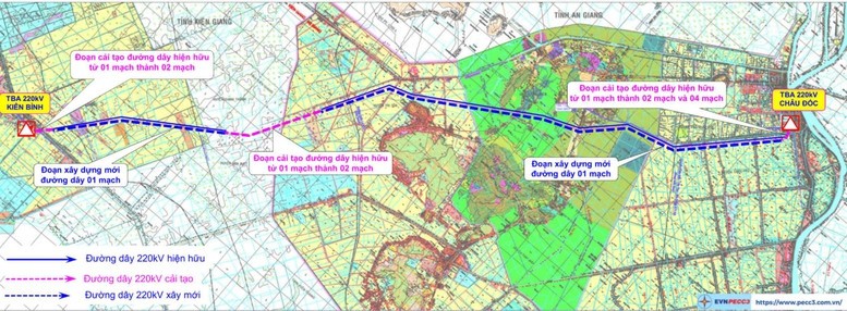 Mặt bằng tuyến dự án “Cải tạo đường dây 220kV Châu Đốc - Kiên Bình 01 mạch thành 02 mạch”- Ảnh:EVNNPT