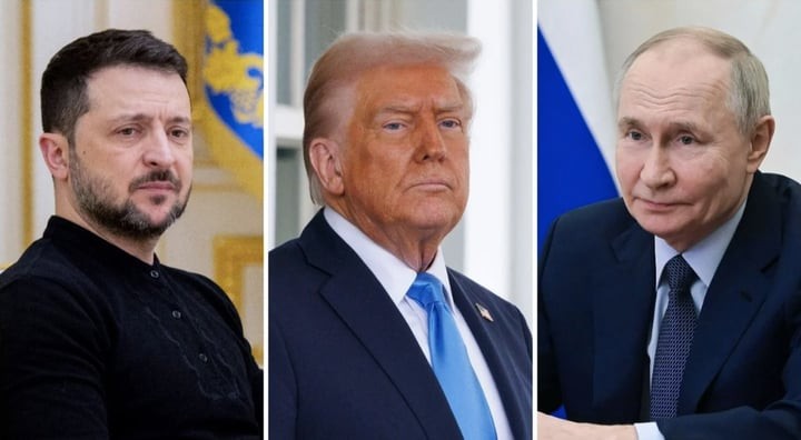 Tổng thống Ukraine Volodymyr Zelensky (trái), Tổng thống Mỹ Donald Trump (giữa) và Tổng thống Nga Vladimir Putin (phải). (Ảnh: RTE.IE)