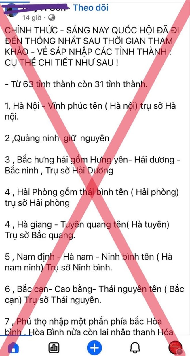 Tin giả, tin sai sự thật liên quan đến việc sáp nhập các tỉnh, thành lan truyền trên mạng xã hội. (Ảnh: Công an tỉnh Hà Nam)