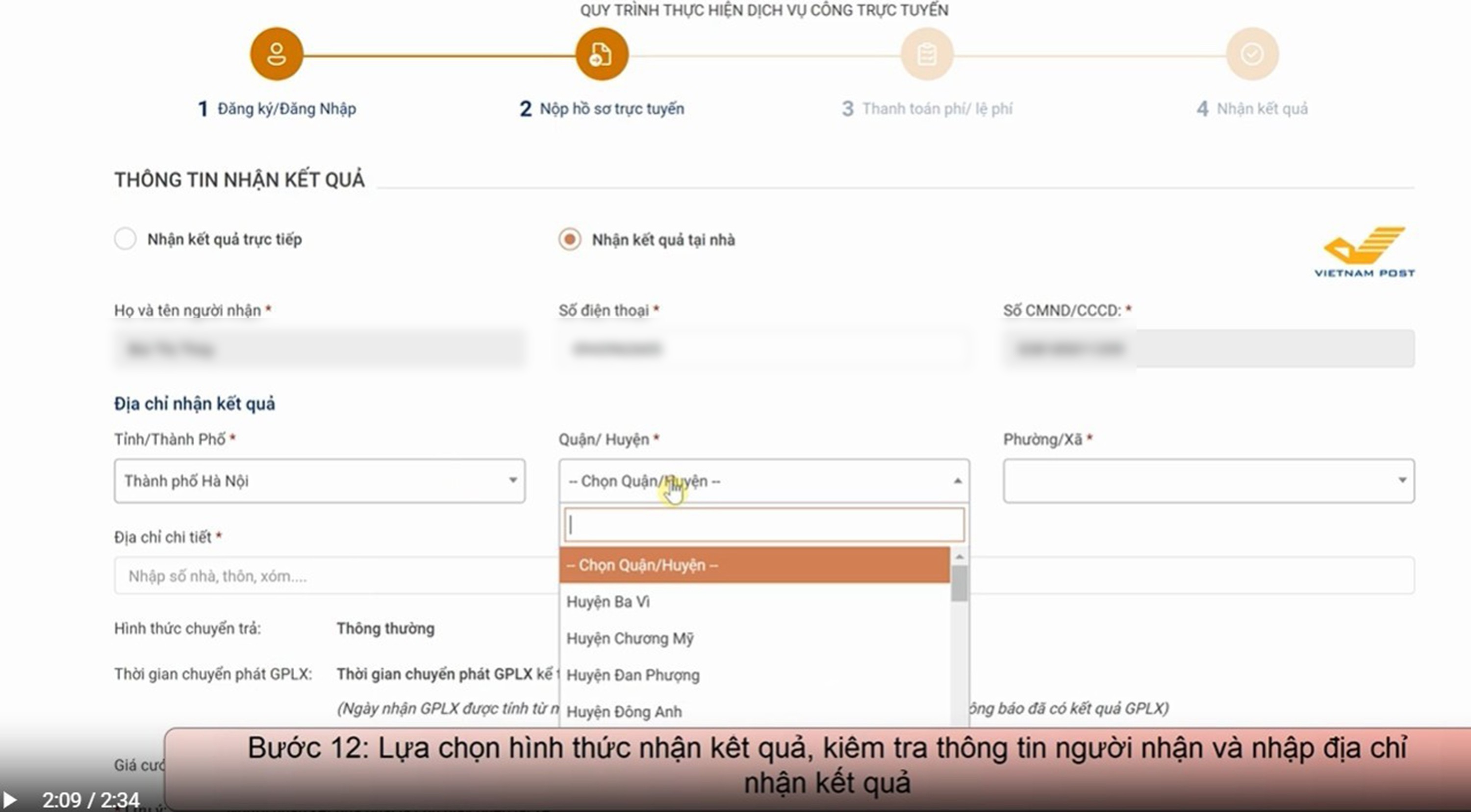 Bước 12: Lựa chọn hình thức nhận kết quả, kiểm tra thông tin người nhận và nhập địa chỉ nhận kết quả.