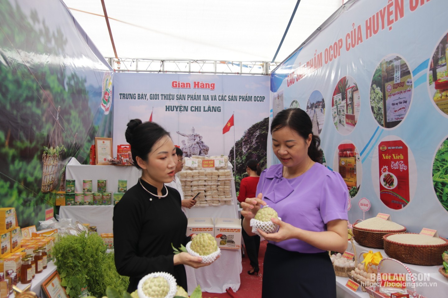 Đại diện Phòng Nông nghiệp và Phát triển nông thôn huyện Chi Lăng quảng bá, giới thiệu sản phẩm quả na và các nông sản trên địa bàn huyện Chi Lăng đến du khách