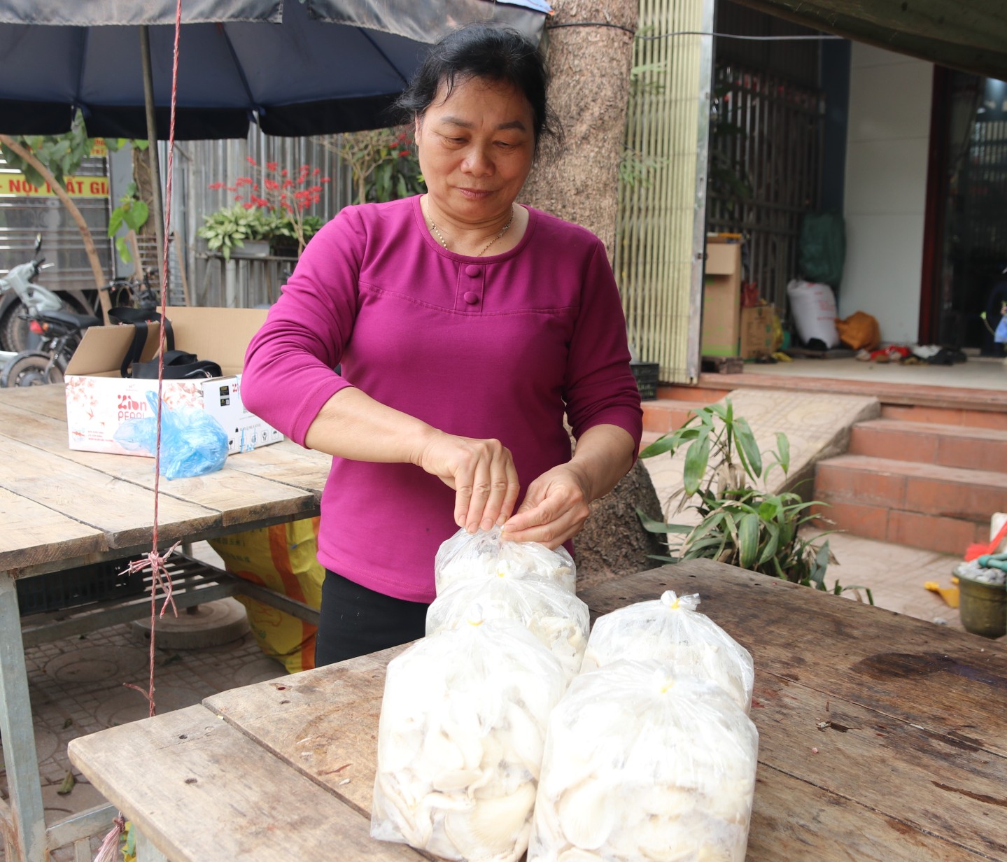 Frau Sai Thi Sinh verpackt Austernpilzprodukte.