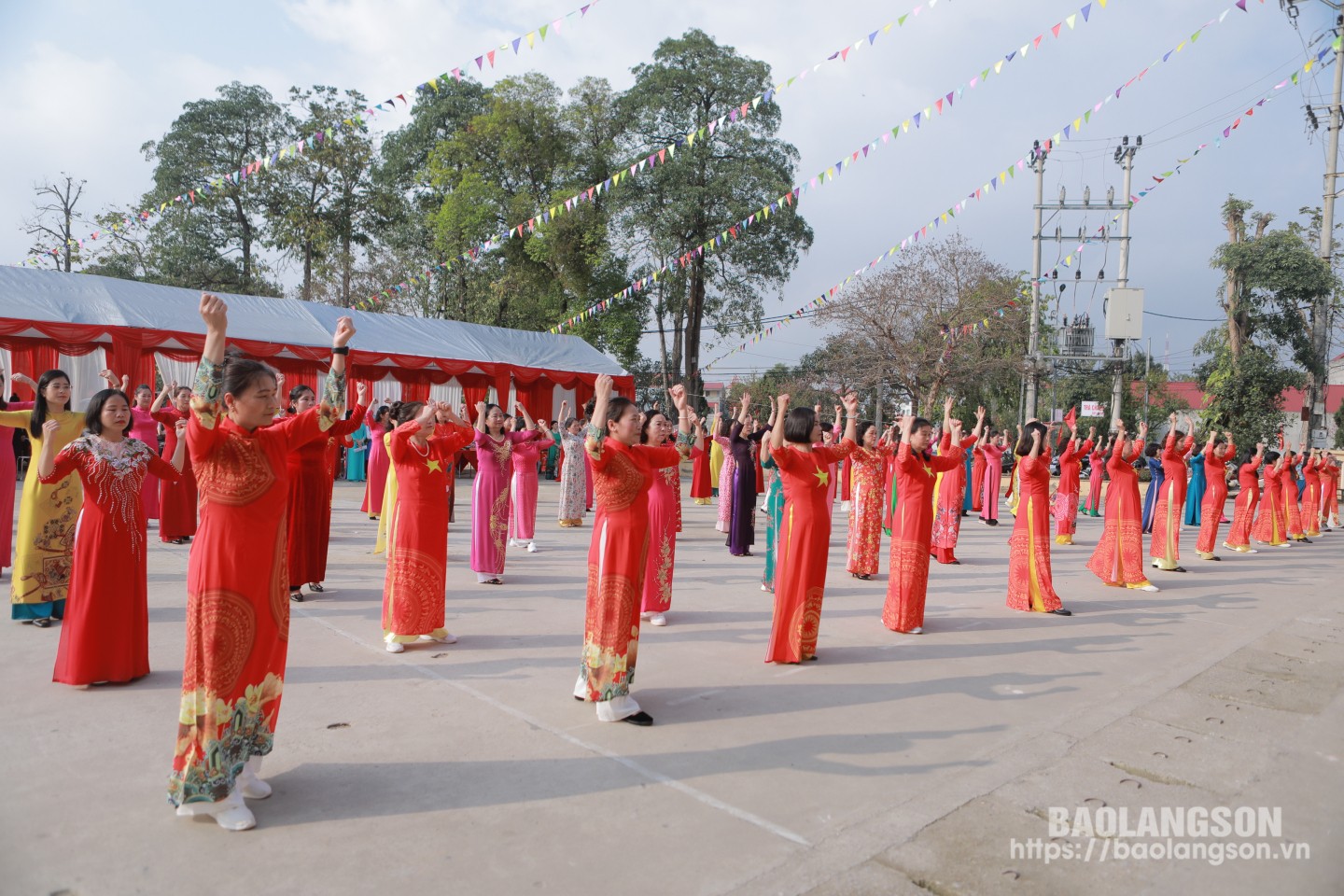 Hội viên, phụ nữ tham gia đồng diễn dân vũ trang phục áo dài