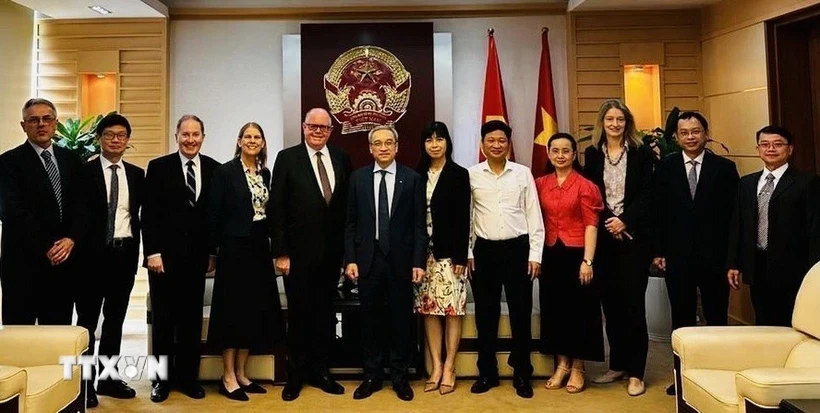 Hiệu trưởng Đại học UTS, Giáo sư Andrew Parfitt, đoàn đại biểu UTS và đại diện DFAT trong cuộc thảo luận về Trung tâm Công nghệ Chiến lược Australia-Việt Nam với Thứ trưởng Bộ Thông tin và Truyền thông Việt Nam Phan Tâm tại Hà Nội tháng 11/2024. (Ảnh: TTXVN phát)