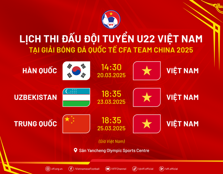 Lịch thi đấu của U22 Việt Nam tại giải giao hữu quốc tế CFA Team China 2025.