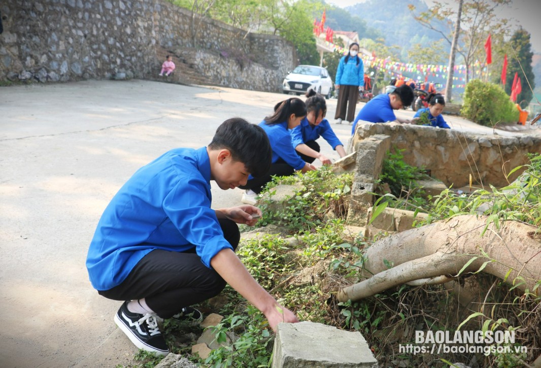 Đoàn viên thanh niên tham gia vệ sinh môi trường tuyến đường xây dựng khu dân cư kiểu mẫu thôn Quảng Trung I, xã Quảng Lạc