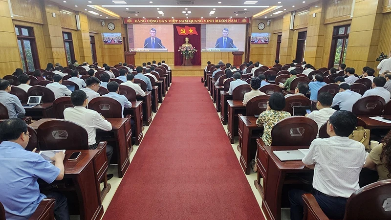 Quang cảnh hội nghị tại điểm cầu Tỉnh ủy Thanh Hóa.