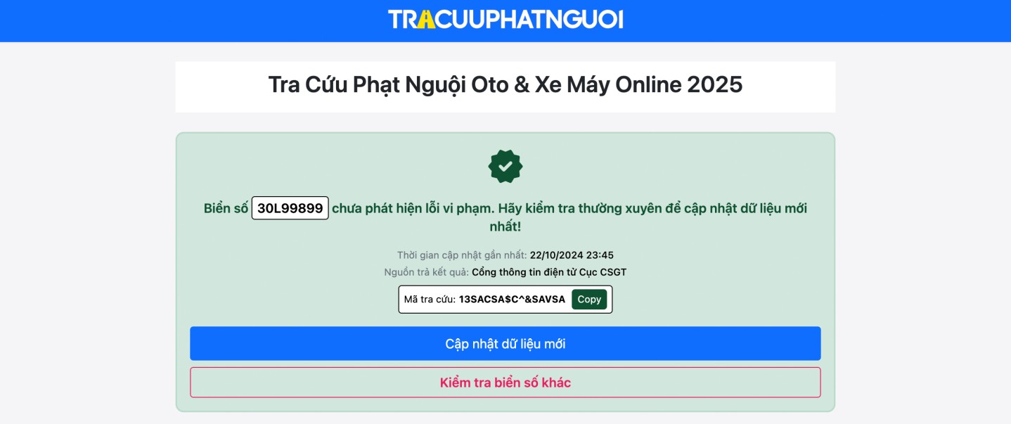 Hình ảnh thông báo xe của bạn không bị phạt nguội