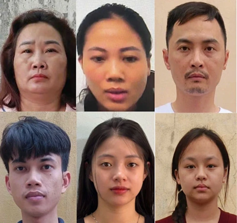 Nhóm đối tượng bị khởi tố về tội “Che giấu tội phạm” trong vụ án mua bán, vận chuyển ma túy quy mô lớn tại tỉnh Quảng Ninh (từ trên xuống dưới, từ trái qua phải): Ngô Thị Thơ, Nguyễn Thị Hạnh, Bùi Xuân Hiến, Lò Văn Minh, Nguyễn Thị Hoài Thương và Triệu Thị Hiền. Ảnh: BÁO CÔNG AN NHÂN DÂN.