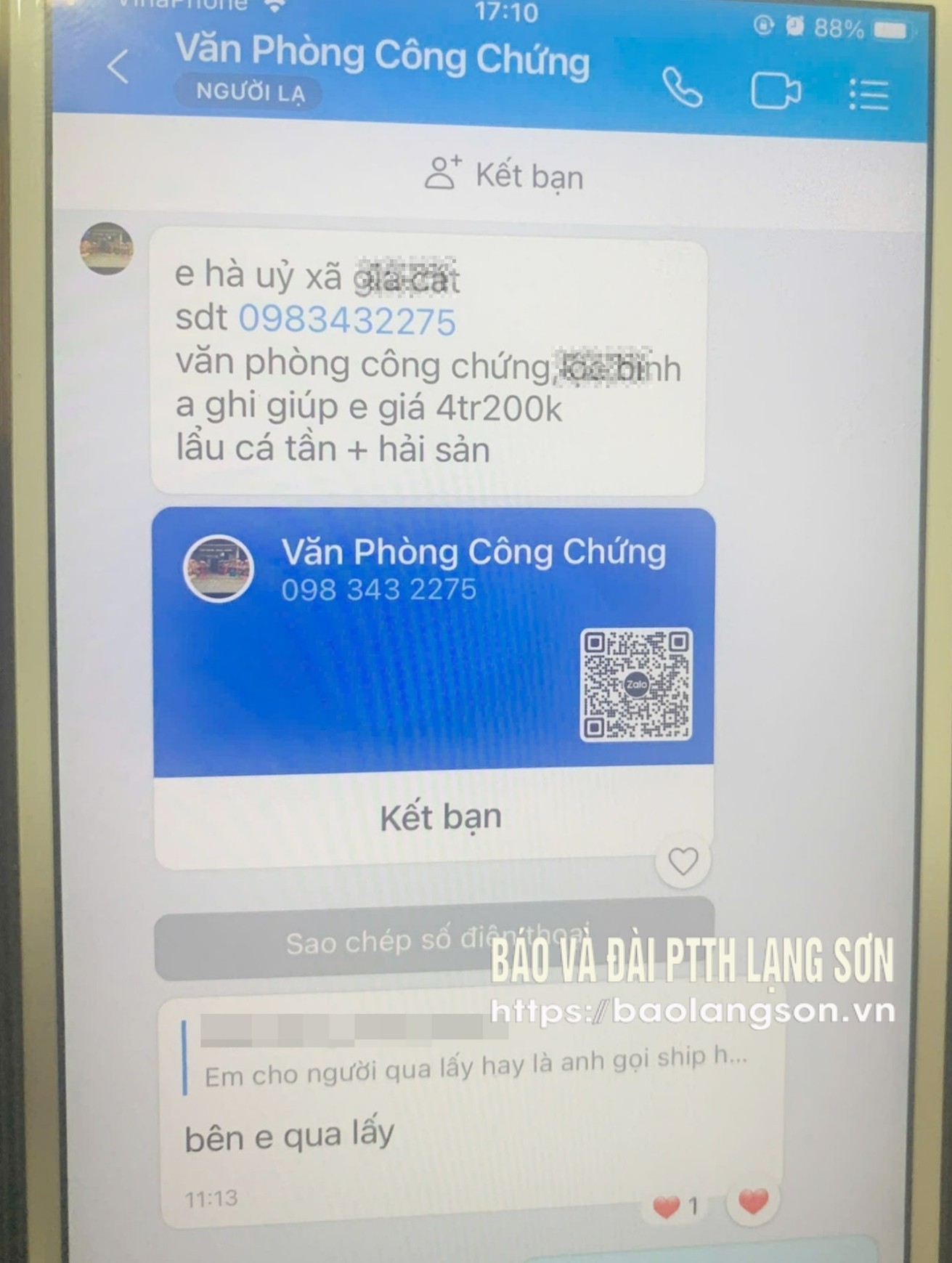 Thông tin giả trên zalo mà đối tượng lừa đảo nhắn với một nhà hàng trên địa bàn thành phố Lạng Sơn