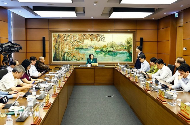 Đoàn đại biểu Quốc hội thành phố Hà Nội thảo luận ở tổ. (Ảnh: Doãn Tấn/TTXVN)
