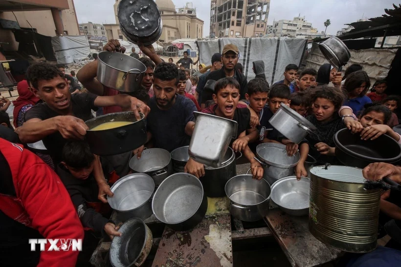 Người dân Palestine chờ nhận thức ăn cứu trợ tại thành phố Gaza, ngày 12/5/2025. (Ảnh: THX/TTXVN)