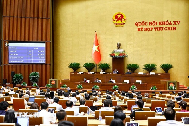 Quốc hội biểu quyết thông qua Nghị quyết của Quốc hội về ngày bầu cử toàn quốc đối với bầu cử đại biểu Quốc hội khóa XVI và đại biểu Hội đồng nhân dân các cấp nhiệm kỳ 2026-2031. (Ảnh: Doãn Tấn/TTXVN)
