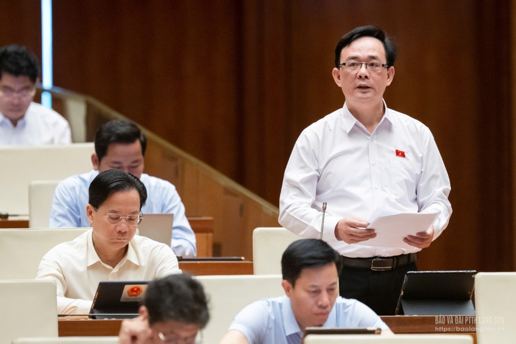 Đại biểu Triệu Quang Huy, Phó Trưởng đoàn chuyên trách Đoàn ĐBQH tỉnh phát biểu thảo luận tại hội trường