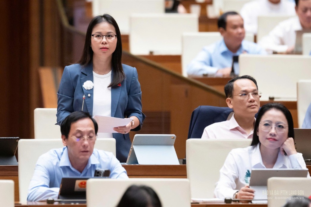 Đại biểu Chu Thị Hồng Thái, Đoàn ĐBQH tỉnh phát biểu thảo luận tại hội trường