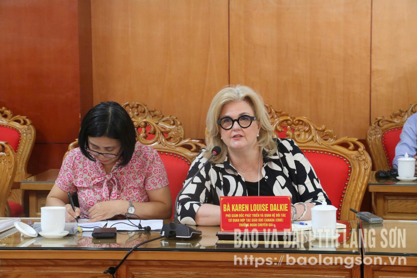 Bà Karen Louise Dalkie, Phó Giám đốc Phát triển và Quan hệ đối tác cơ quan hợp tác giáo dục Canada (CBIE), Trưởng đoàn chuyên gia dự án “Quản trị địa phương bao trùm” phát biểu tại buổi làm việc