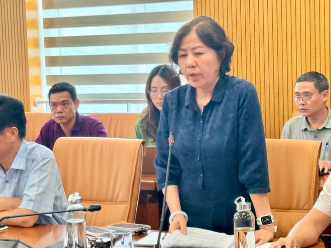 Bà Nguyễn Thu Thủy, Cục phó Cục Chăn nuôi - Thú y cho biết dấu trên thịt heo trong hình ảnh bị đóng sai. (Ảnh: PV/Vietnam+)