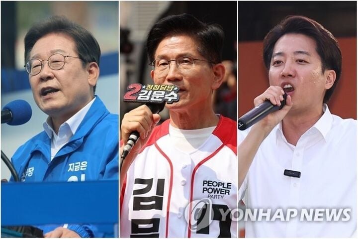 Ửng cử viên tổng thống đảng Dân chủ Lee Jae-myung (trái), ứng cử viên tổng thống đảng Quyền lực Nhân dân Kim Moon-soo (giữa) và ứng cử viên tổng thống Đảng Cải cách Mới Lee Jun-seok. (Ảnh: Yonhap)
