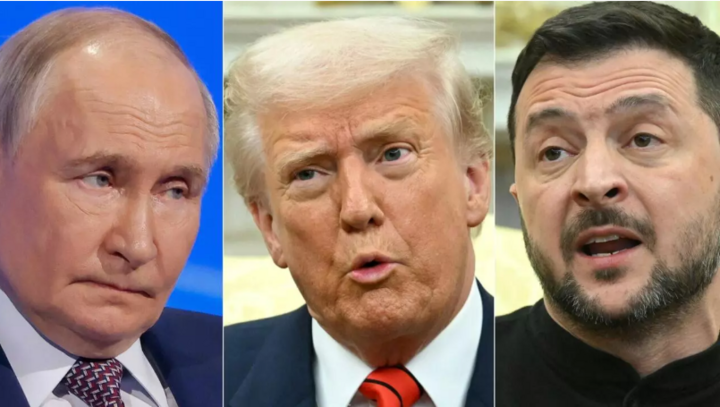 Tổng thống Nga Vladimir Putin, Tổng thống Hoa Kỳ Donald Trump và Tổng thống Ukraine Volodymyr Zelensky. (Ảnh: france24)