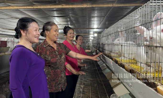 Thành viên CLB Liên thế hệ tự giúp nhau thôn Mạn Đường (xã Mai Sao, huyện Chi Lăng) thăm mô hình chăn nuôi thỏ của bà Vi Thị Vôi