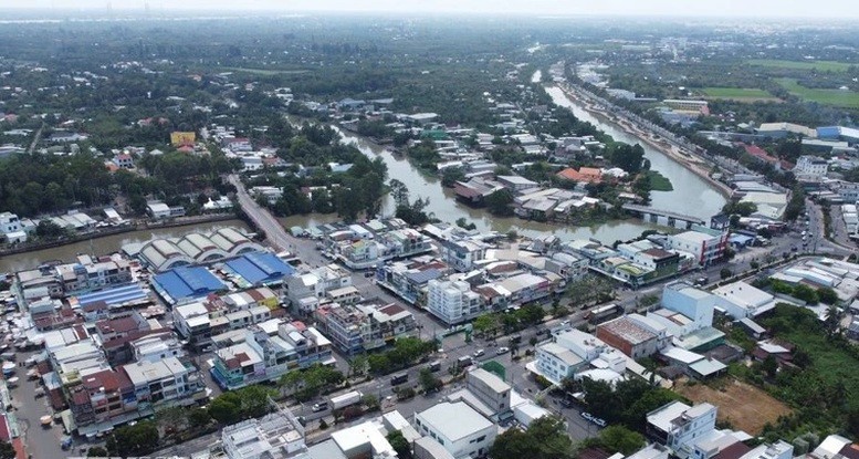 Một góc thị trấn Mỹ Thọ (huyện Cao Lãnh, tỉnh Đồng Tháp) nhìn từ trên cao