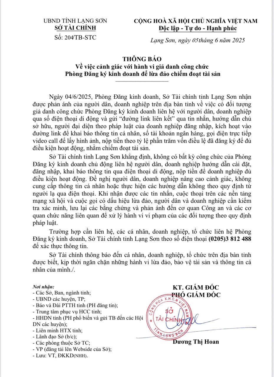 Văn bản của Sở Tài chính thông báo người dân, doanh nghiệp cảnh giác với các đối tượng lừa đảo