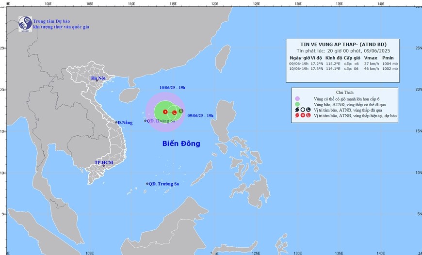 Hướng di chuyển vùng áp thấp. Ảnh: Trung tâm Dự báo khí tượng thủy văn Quốc gia