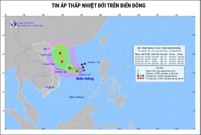 Thời tiết hôm nay (11-6): Áp thấp nhiệt đới di chuyển chậm trên Biển Đông. Ảnh: kttv.gov.vn