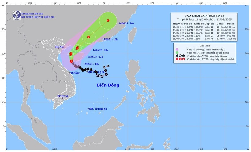 Bản đồ dự báo quỹ đạo và cường độ Bão số 1 lúc 11 giờ ngày 13/6. (Ảnh: Theo Trung tâm Dự báo khí tượng thủy văn quốc gia)