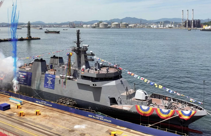 Tàu tuần tra xa bờ BRP Rajah Sulayman tại lễ hạ thủy ở xưởng đóng tàu của Tập đoàn HD Hyundai Heavy Industries hôm 11-6. Ảnh: Army Recognition
