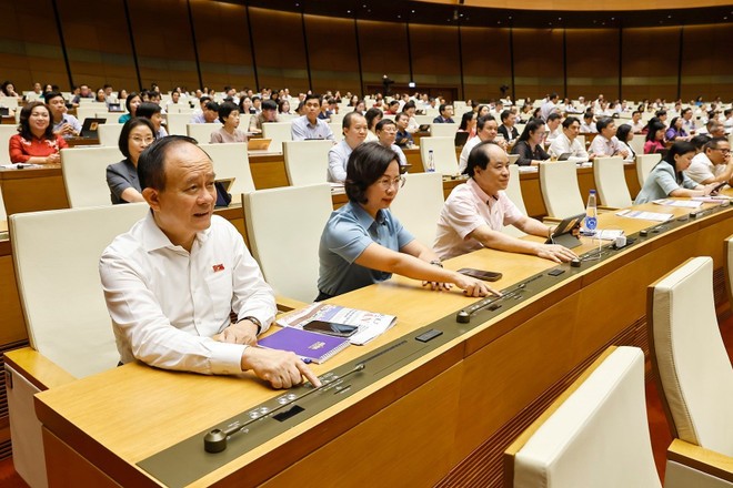 Các đại biểu Quốc hội biểu quyết thông qua các dự án Luật tại Kỳ họp thứ 9. (Ảnh: TTXVN)