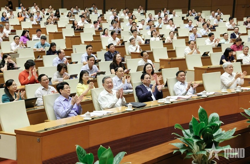 Quốc hội thông qua Nghị quyết sửa đổi, bổ sung một số điều của Hiến pháp năm 2013 với 100% đại biểu có mặt tán thành. Ảnh: TRỌNG HẢI