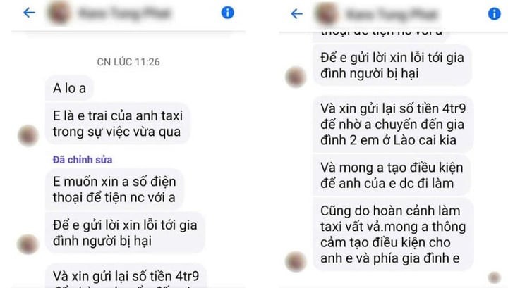 Người tự xưng là em trai tài xế taxi nhắn tin cho anh Trường, ngỏ ý muốn xin lỗi và gửi lại tiền cho 2 nạn nhân.