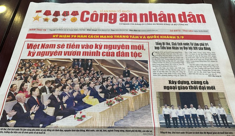 Báo CAND số ra ngày 30/8/2024, trang nhất trình bày nổi bật tít: “Việt Nam sẽ tiến vào kỷ nguyên vươn mình của dân tộc