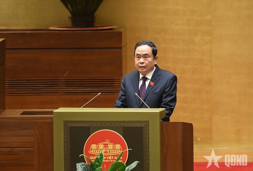 Chủ tịch Quốc hội Trần Thanh Mẫn phát biểu kết thúc phiên chất vấn và trả lời chất vấn tại Kỳ họp thứ chín. Ảnh: TRỌNG HẢI 