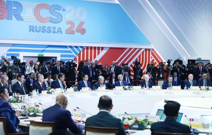 2024年10月,越南政府总理范明政出席金砖国家领导人扩大会议并发表讲话。图自越通社