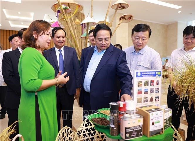 Thủ tướng Phạm Minh Chính tham quan sản phẩm OCOP. Ảnh: TTXVN