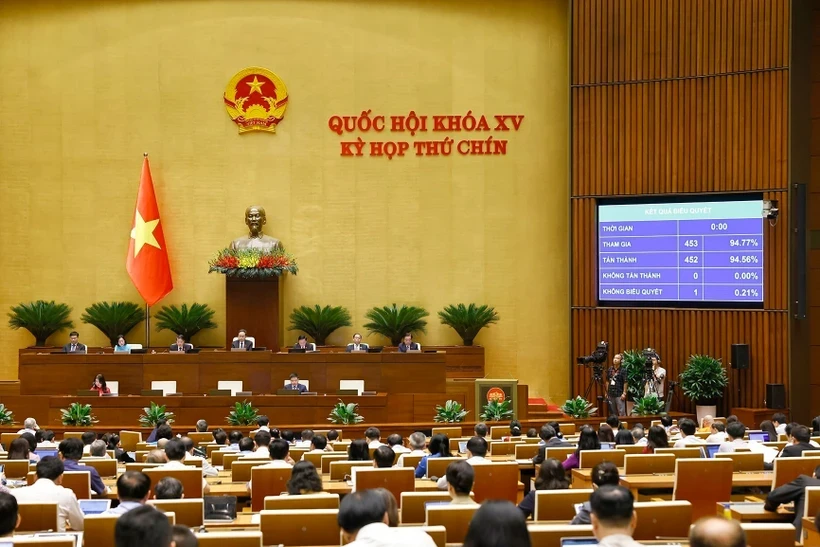Quốc hội biểu quyết thông qua các dự án luật tại Kỳ họp thứ 9. (Ảnh: TTXVN)